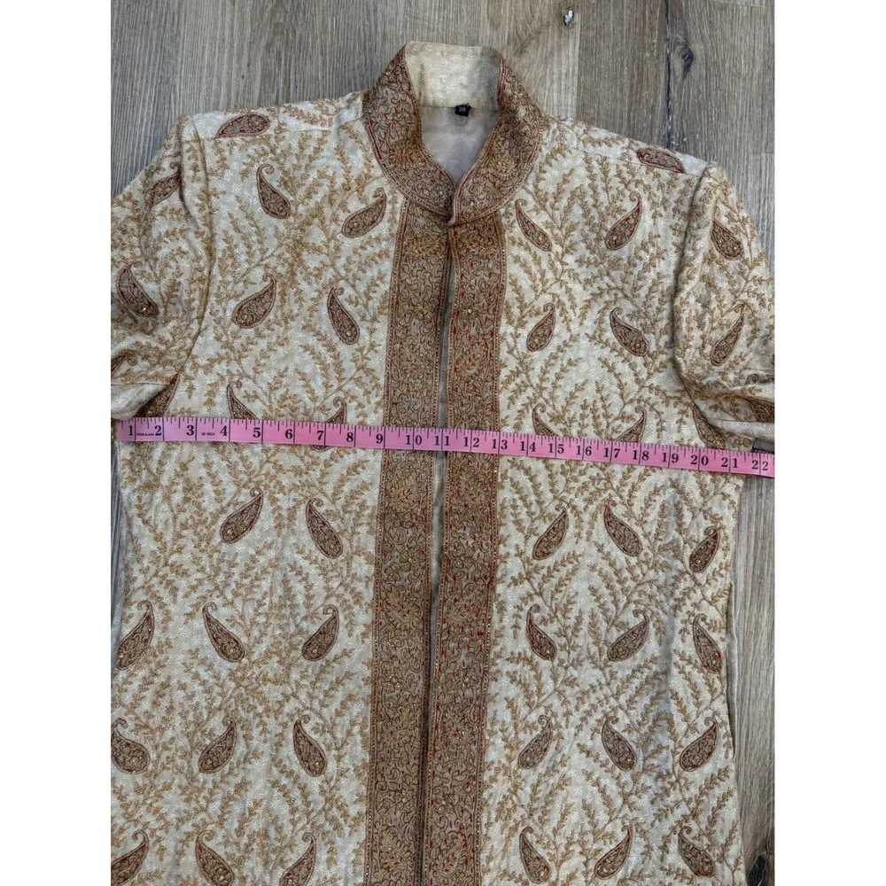 Sherwani Long Coat Mens 38 Cream Gold Paisley Embroidered Bollywood Desi Groom